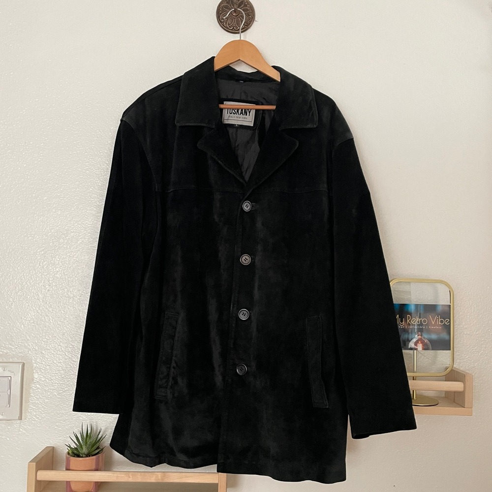 Tuskany Italy New York Mens‎ Black Suede Leather Button Front Coat Jacket Size L